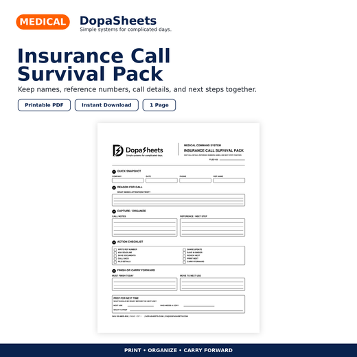 Insurance Call Survival Pack | Printable Health Insurance Notes PDF