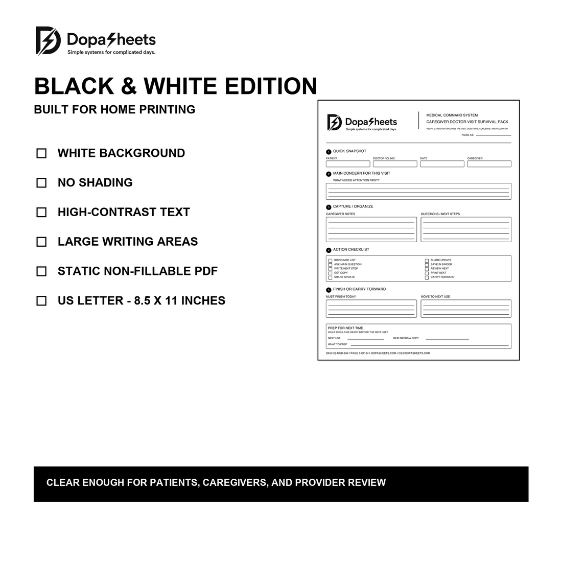 High contrast black and white print friendly DopaSheets pages