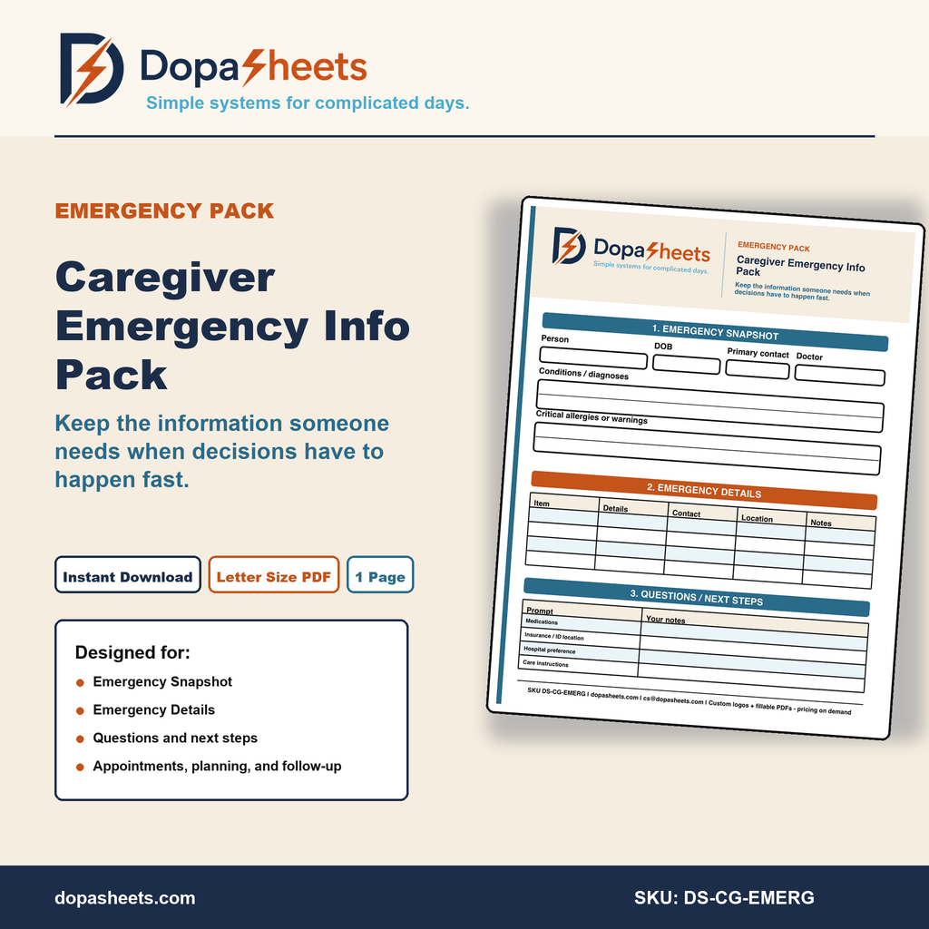 Caregiver Emergency Information | Printable Medical Info Sheet