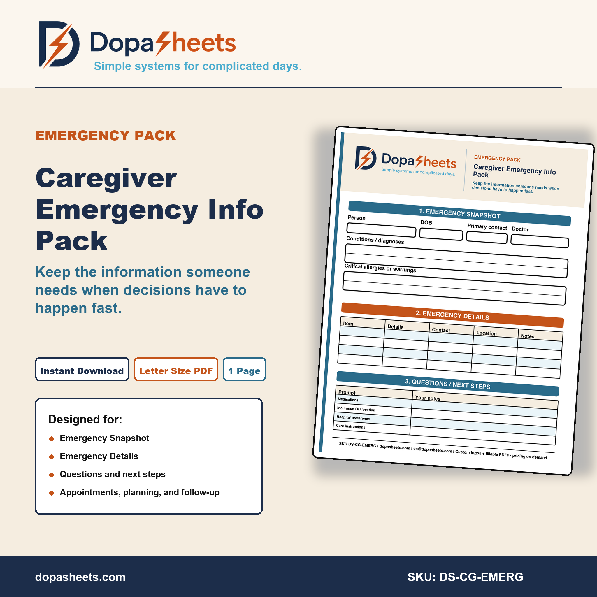 Caregiver Emergency Information | Printable Medical Info Sheet