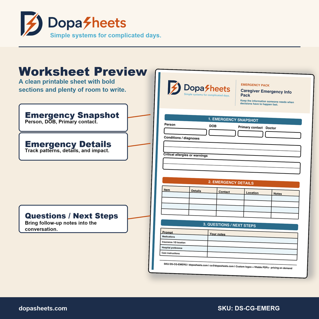 Caregiver Emergency Information | Printable Medical Info Sheet