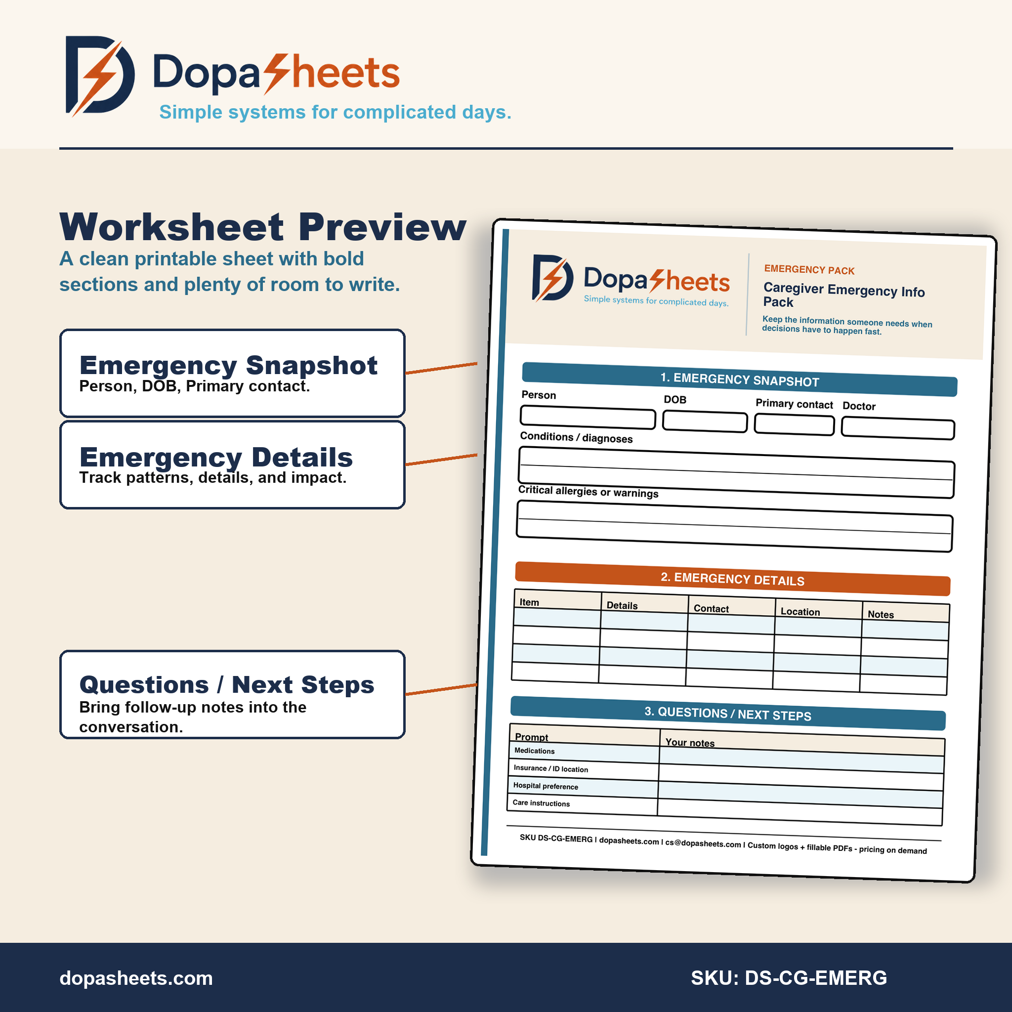 Caregiver Emergency Information | Printable Medical Info Sheet