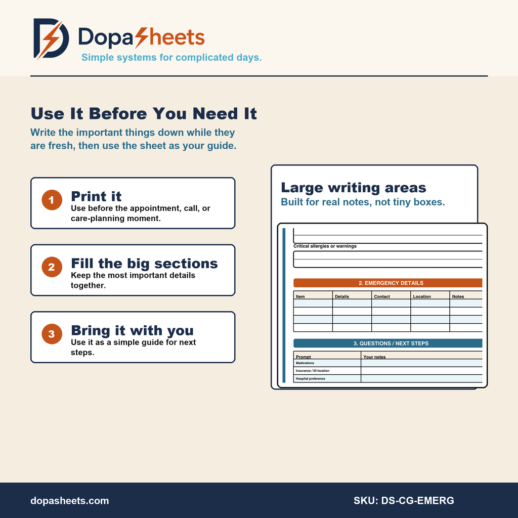 Caregiver Emergency Information | Printable Medical Info Sheet