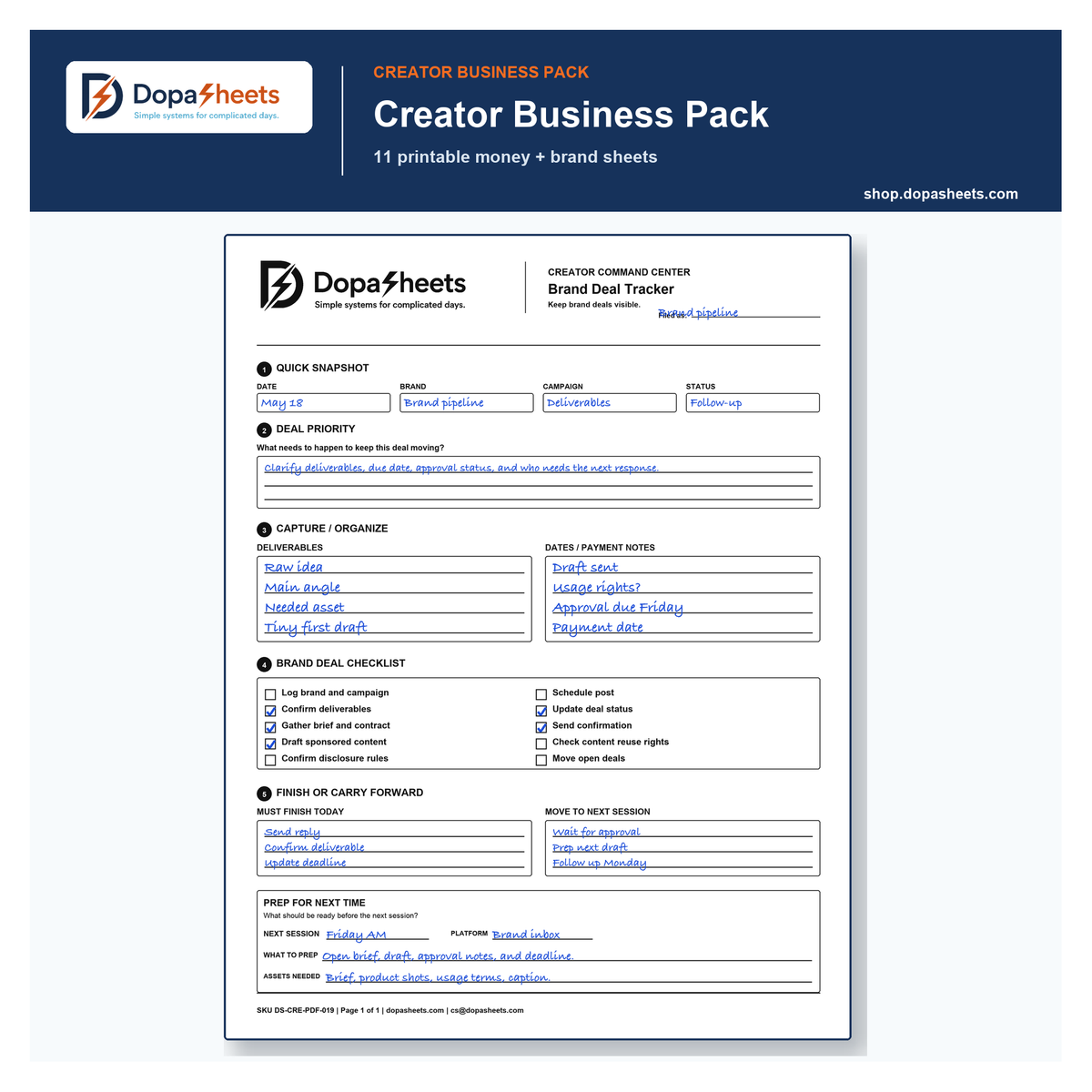 Creator Business Pack | 11 Printable Money + Brand Sheets