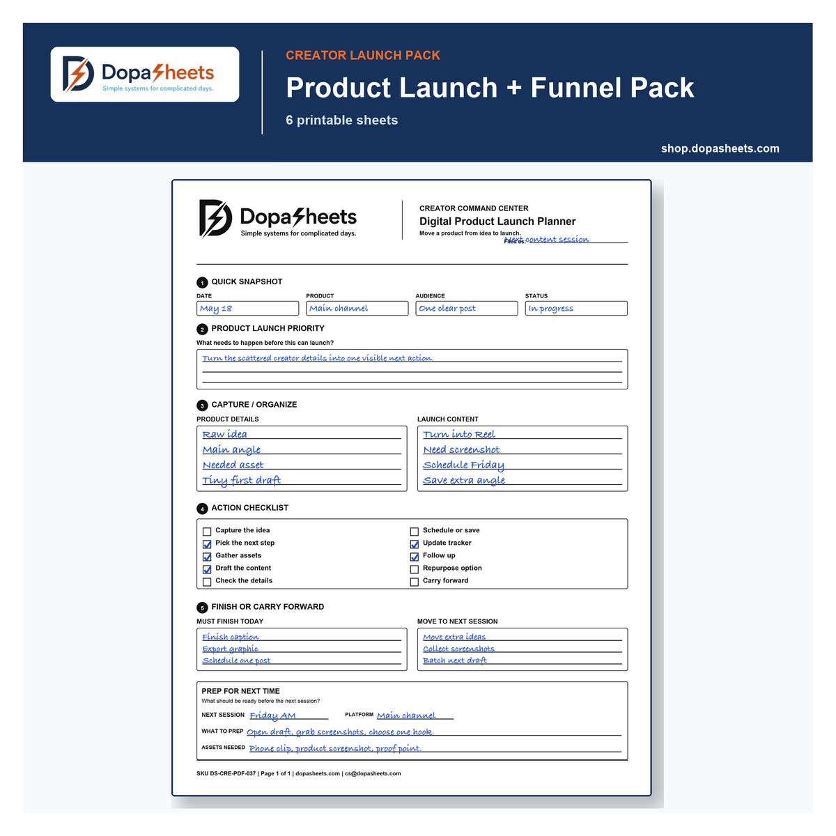 Product Launch + Funnel Pack | 6 Printable Creator Sheets