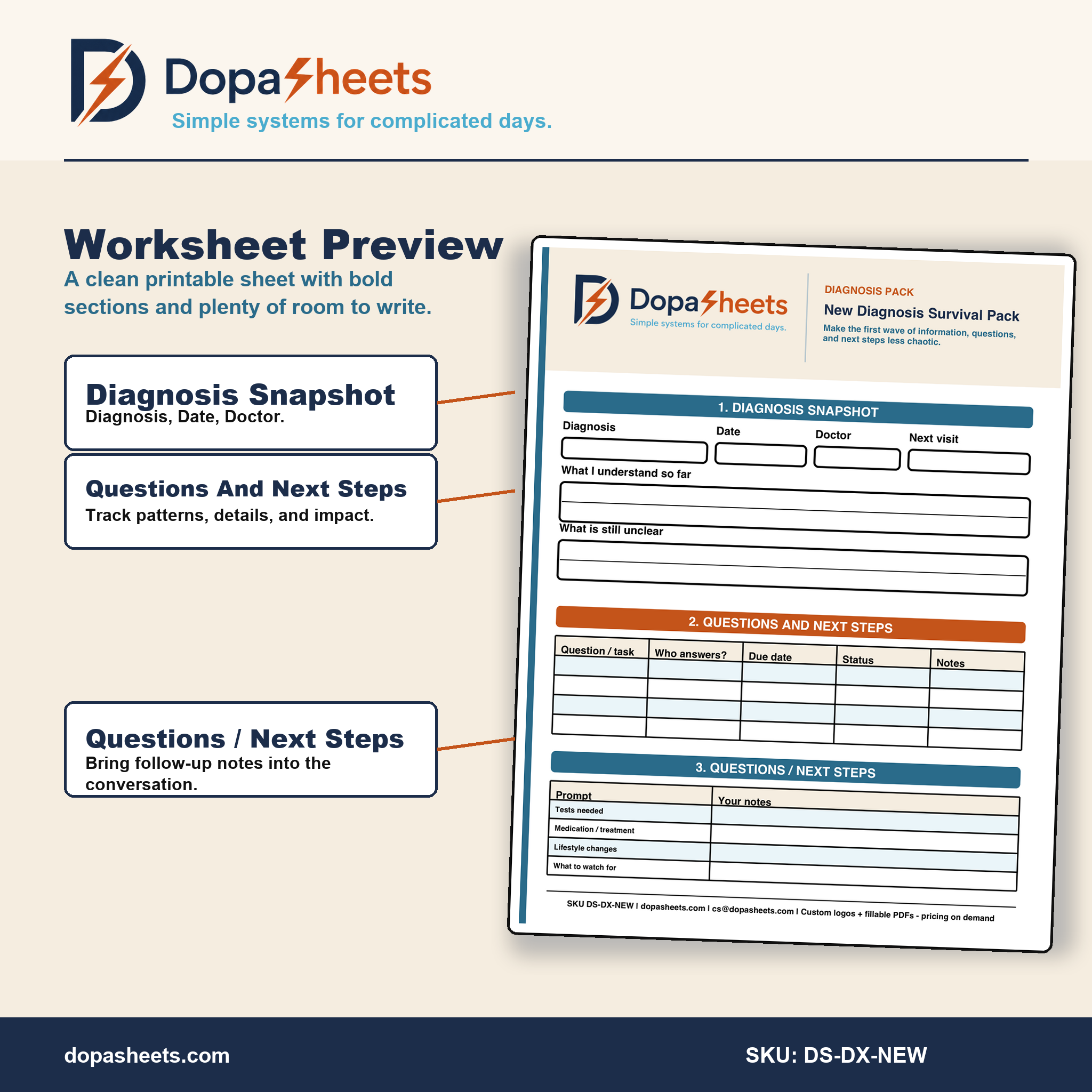 New Diagnosis Organizer | Printable Medical Information Worksheet