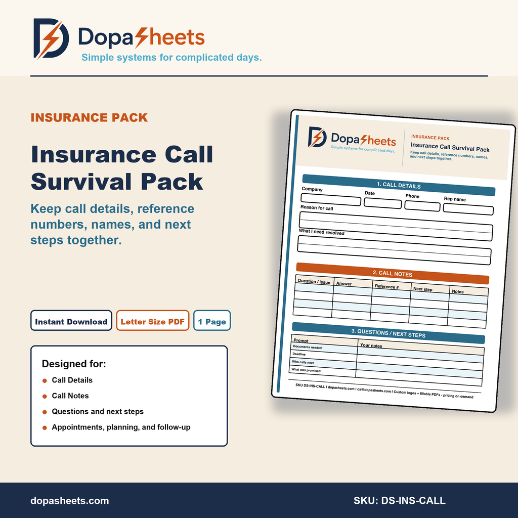 Insurance Call Organizer | Printable Health Insurance Notes