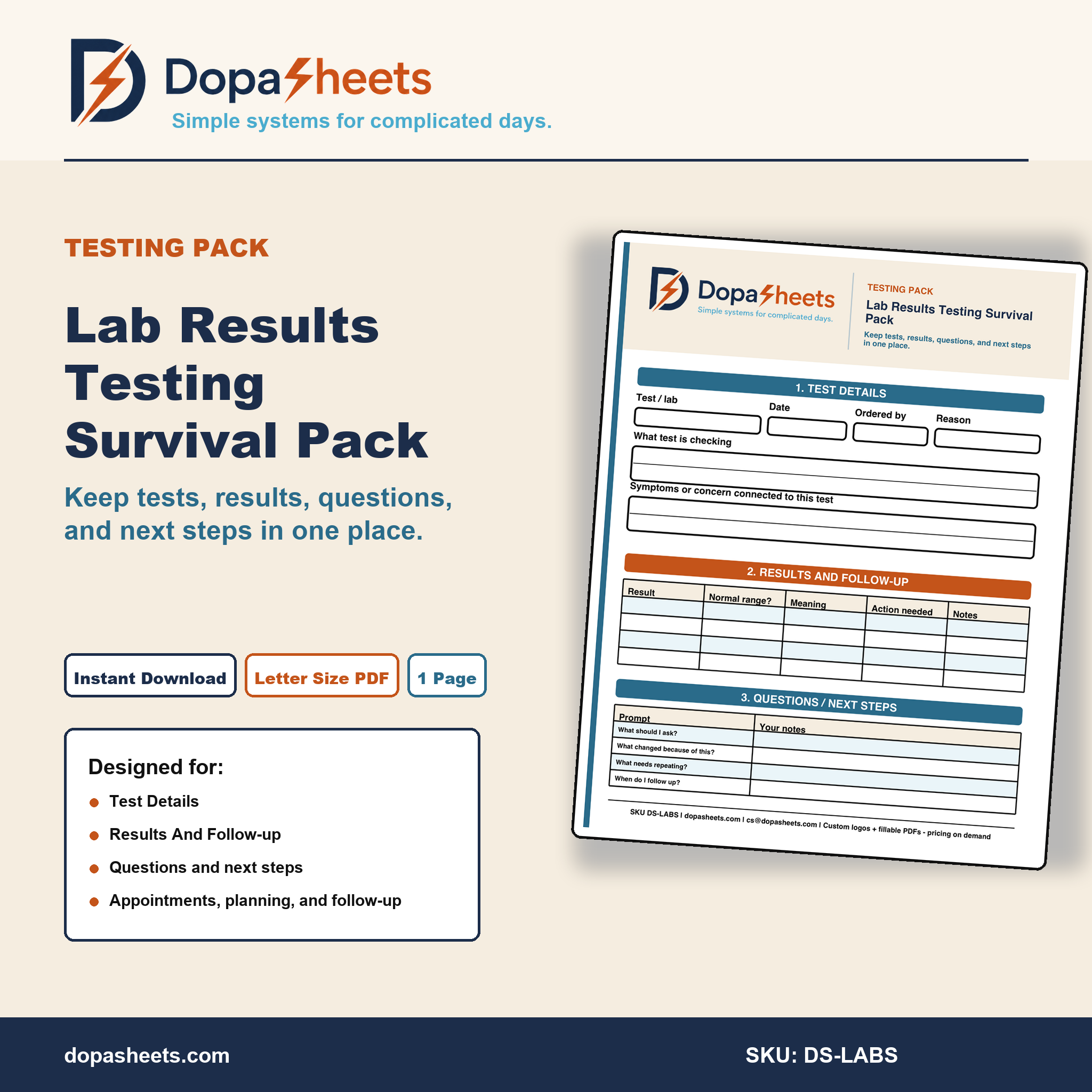 Lab Results & Testing Organizer | Printable Medical Test Tracker