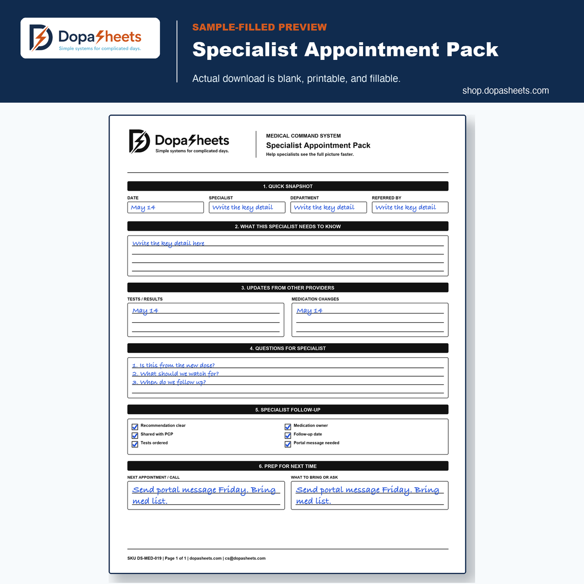 DopaSheets Specialist Appointment Organizer sample-filled printable hero