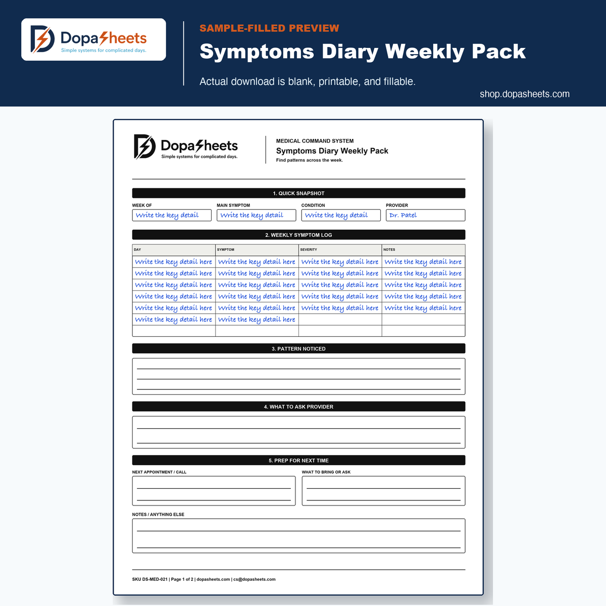 DopaSheets Weekly Symptom Diary sample-filled printable hero