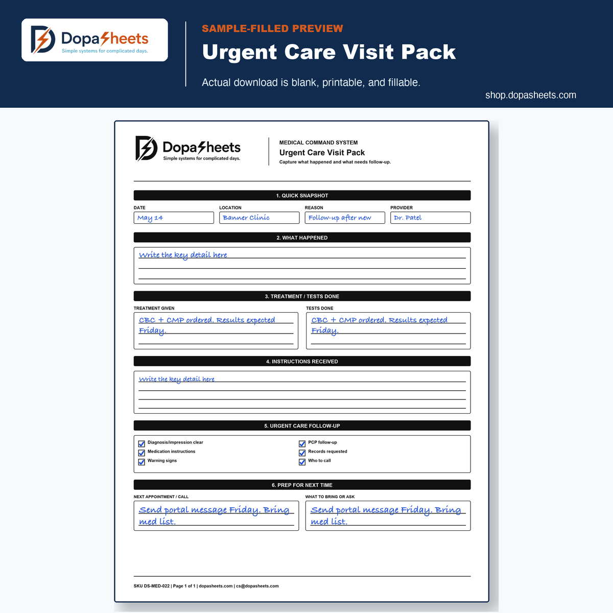 DopaSheets Urgent Care Visit Organizer sample-filled printable hero