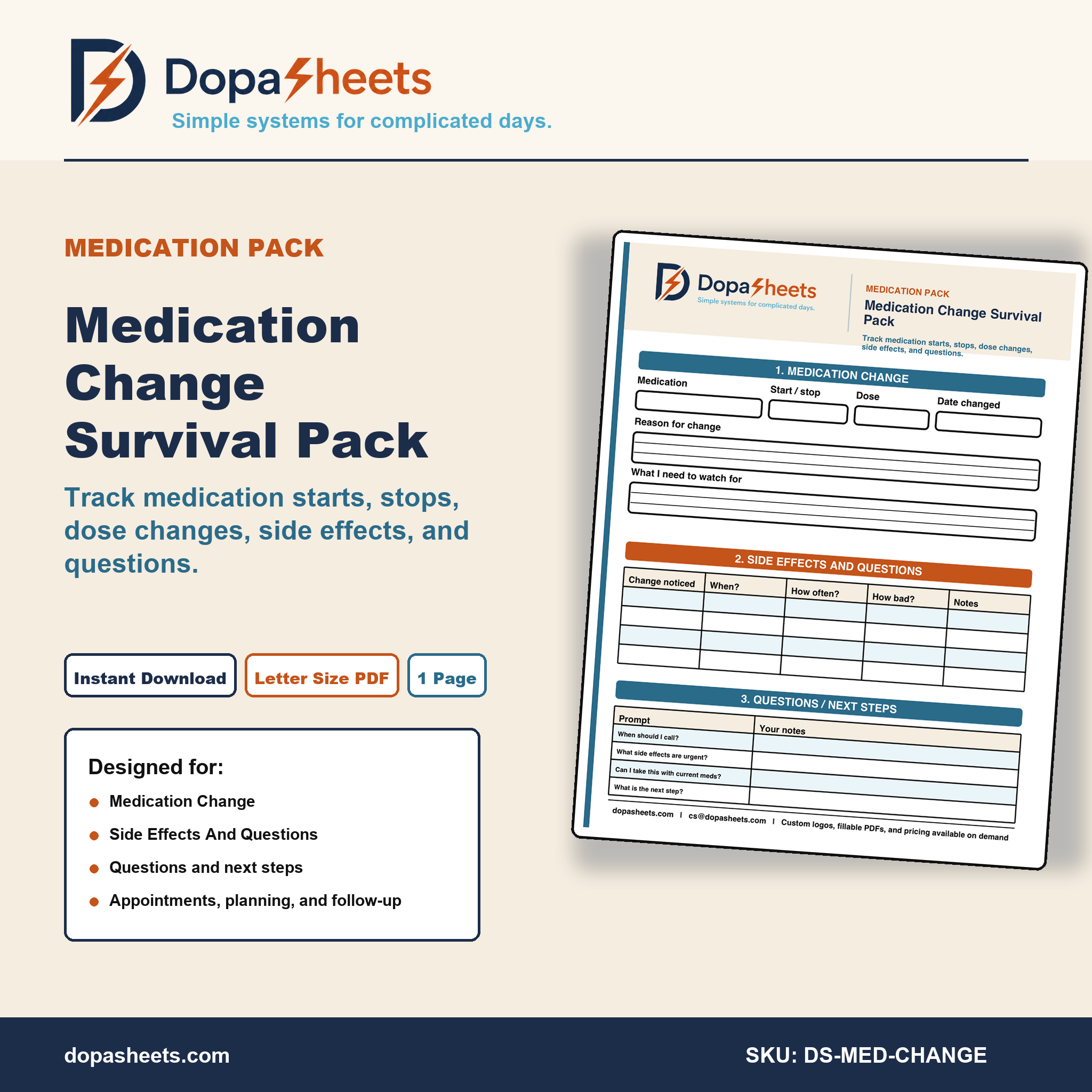 Medication Change Organizer | Printable Medicine Tracker