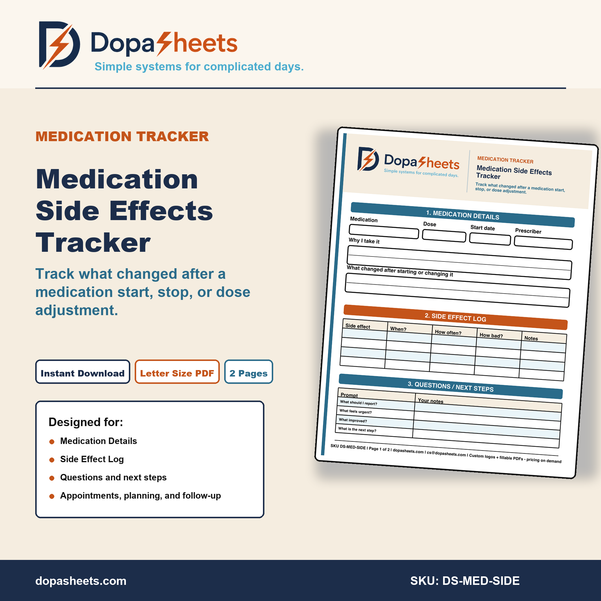 Medication Side Effects Tracker | Printable Daily Log