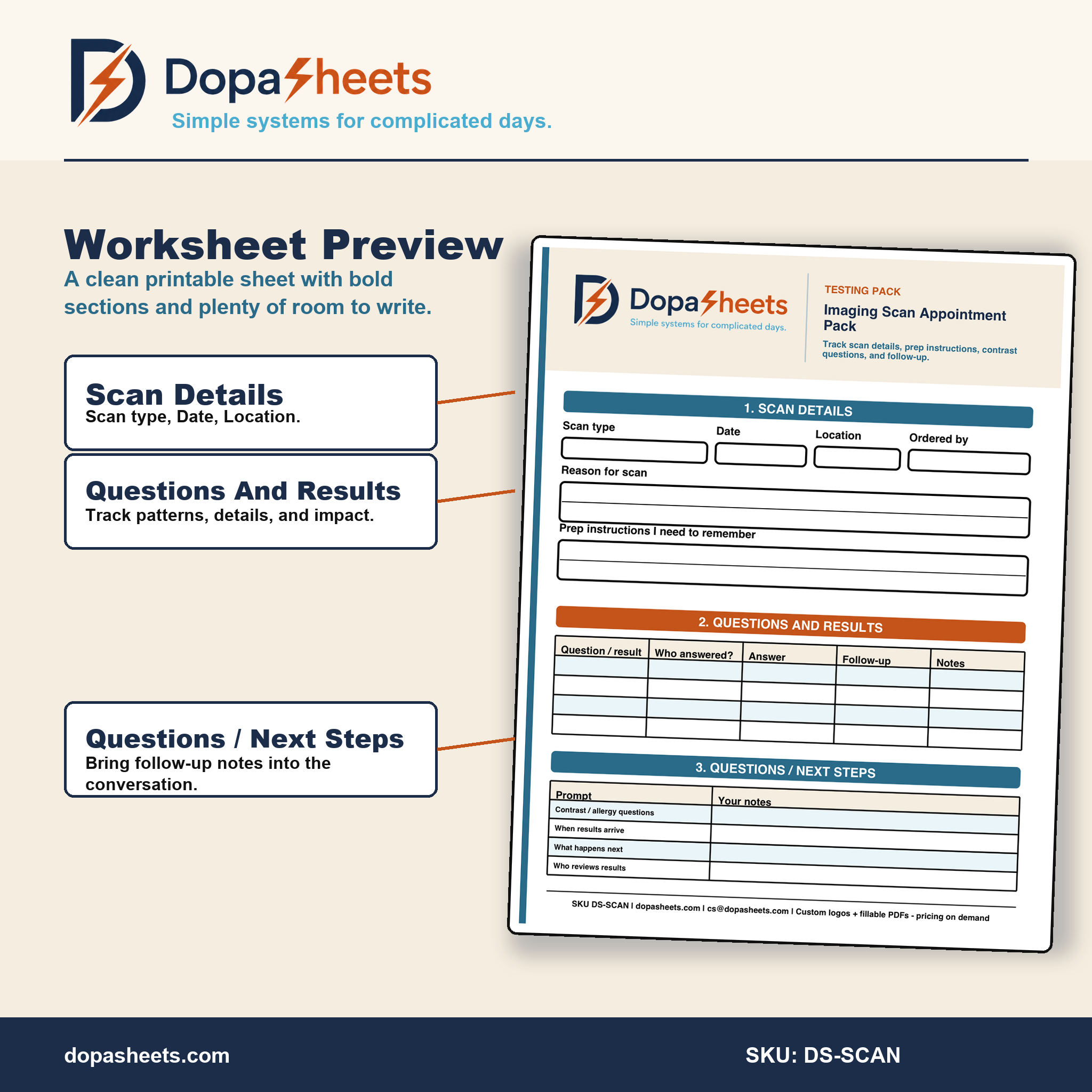 Imaging & Scan Appointment Organizer | Printable Test Notes