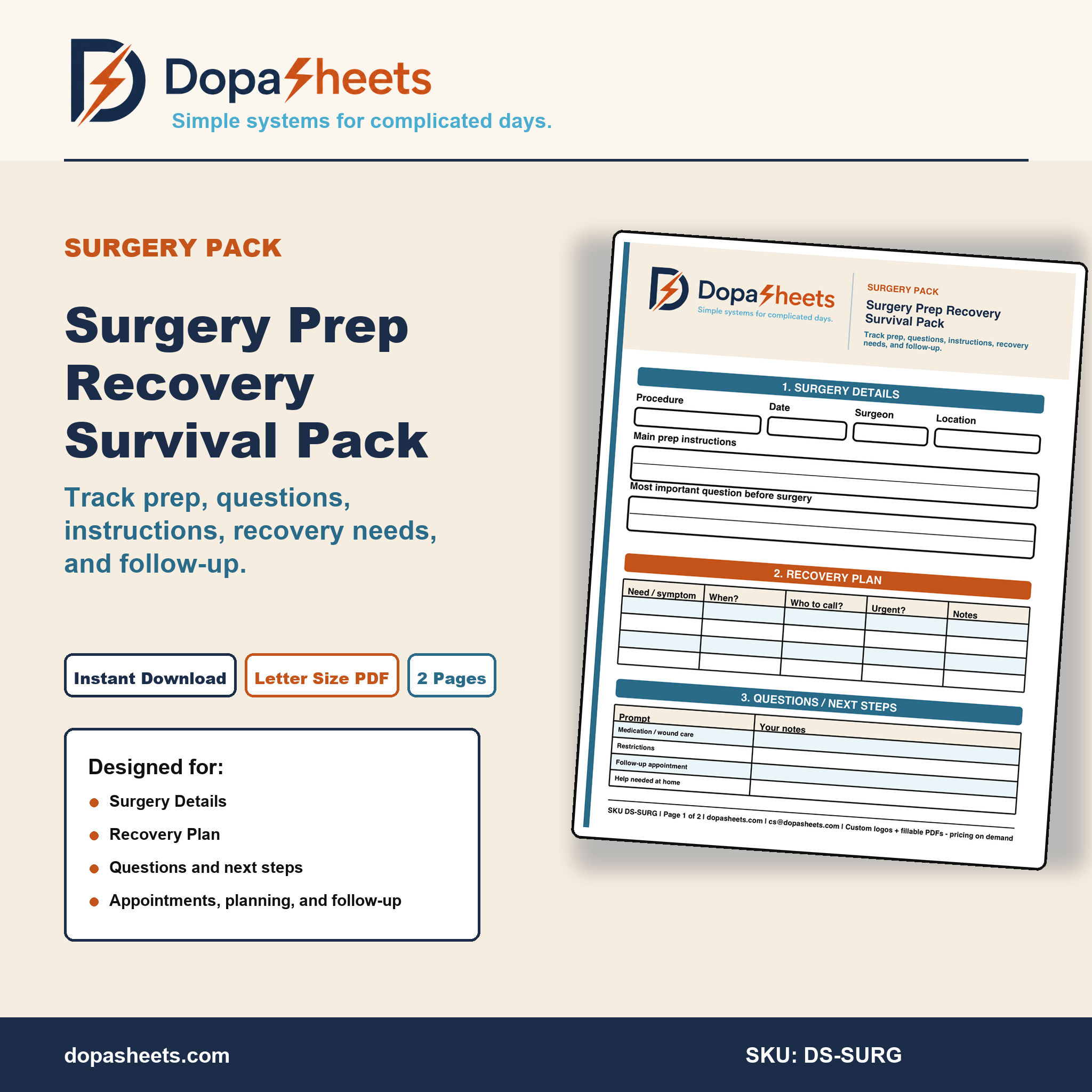 Surgery Prep & Recovery Organizer | Printable Checklist and Notes
