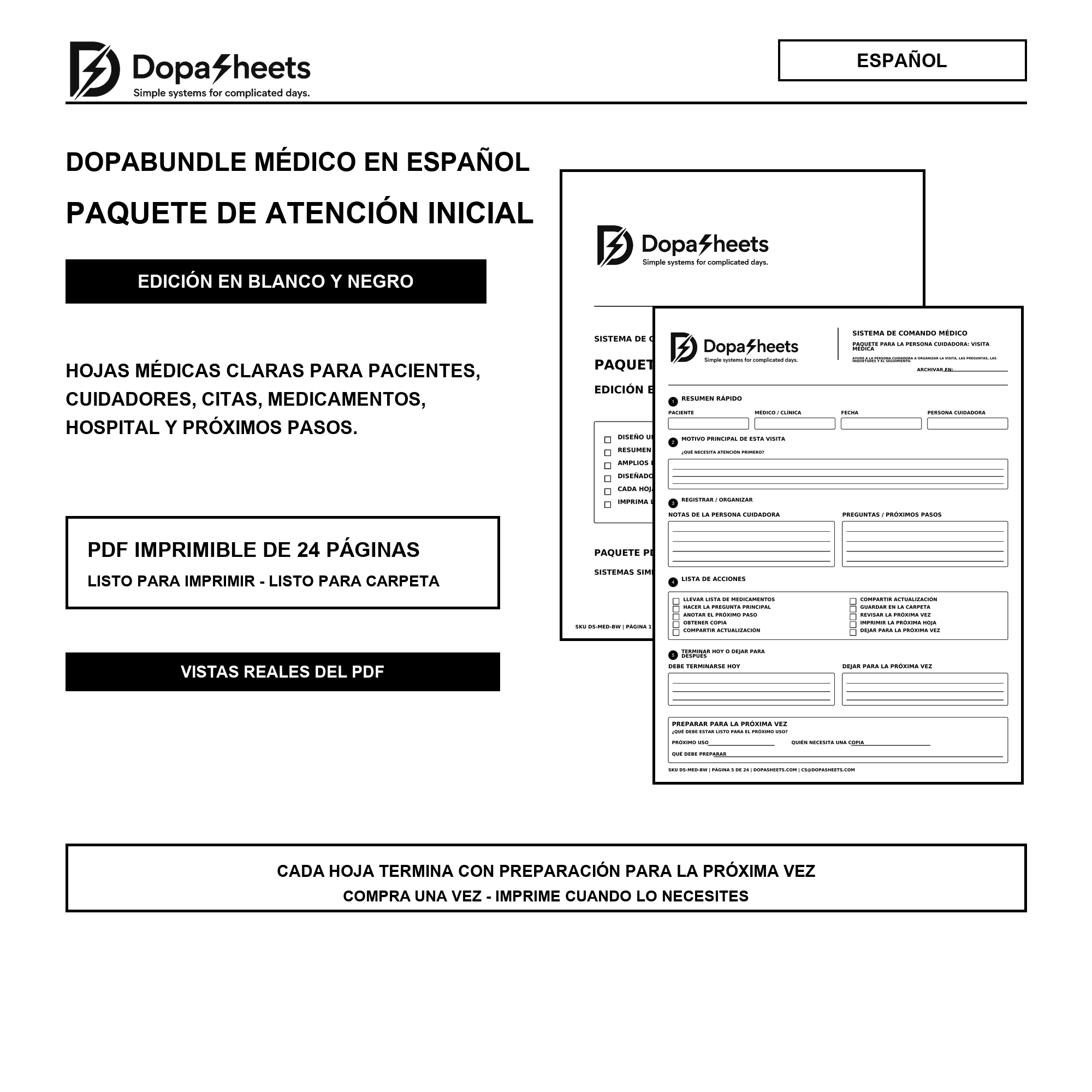 DopaBundle médico en español, paquete imprimible de 24 páginas