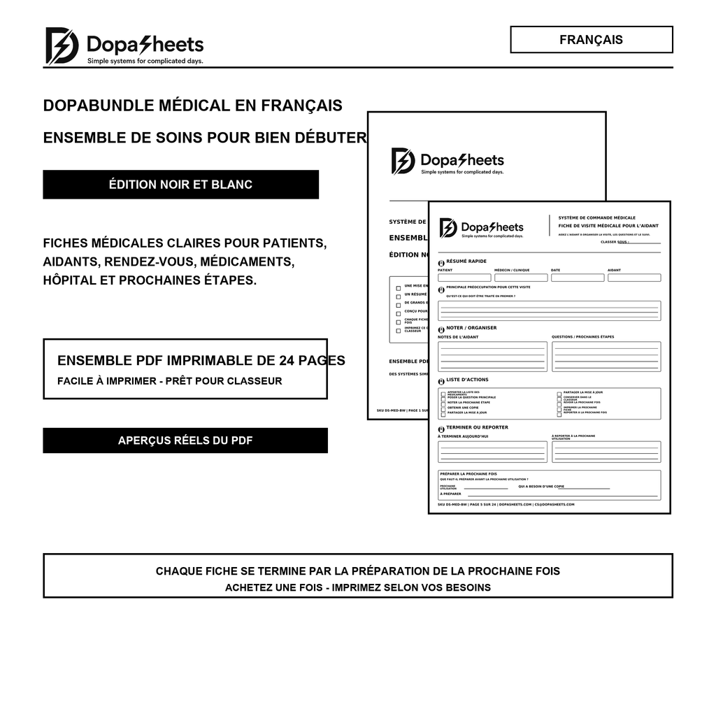 DopaBundle médical en français, ensemble imprimable de 24 pages