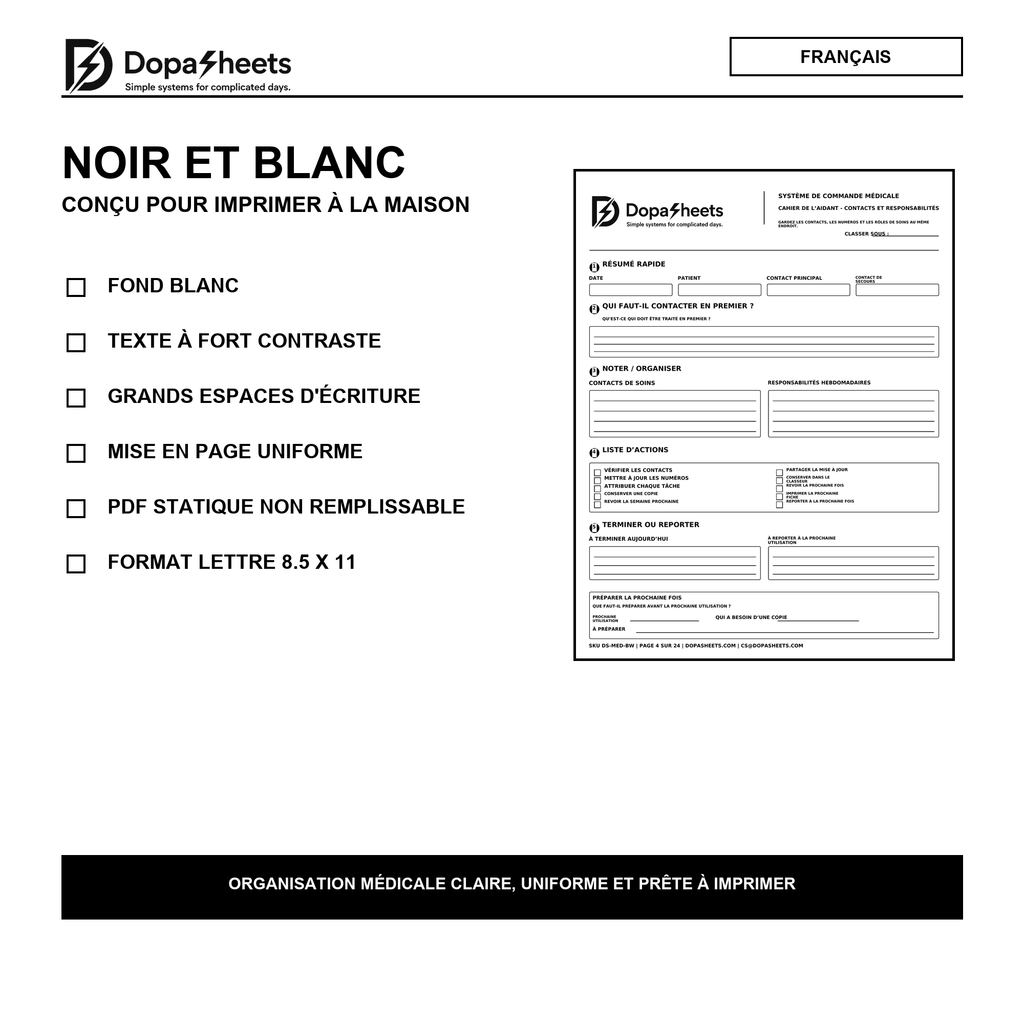 Formulaires médicaux en français, noir et blanc, prêts à imprimer