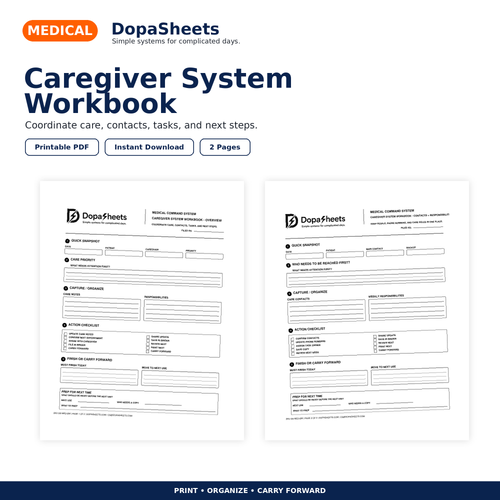 DopaSheets Caregiver System Workbook printable medical caregiver planner