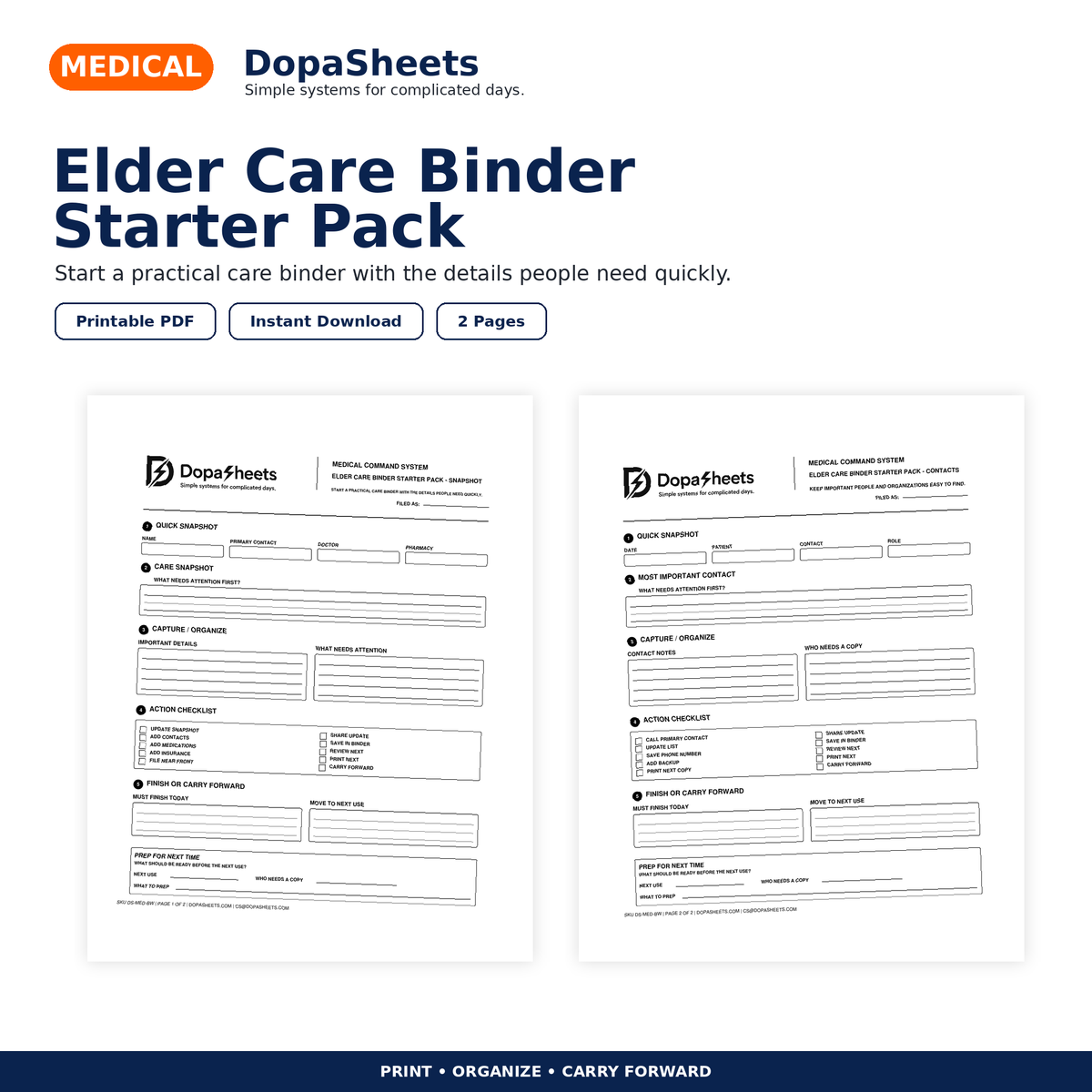 DopaSheets Elder Care Binder Starter Pack printable senior care organizer