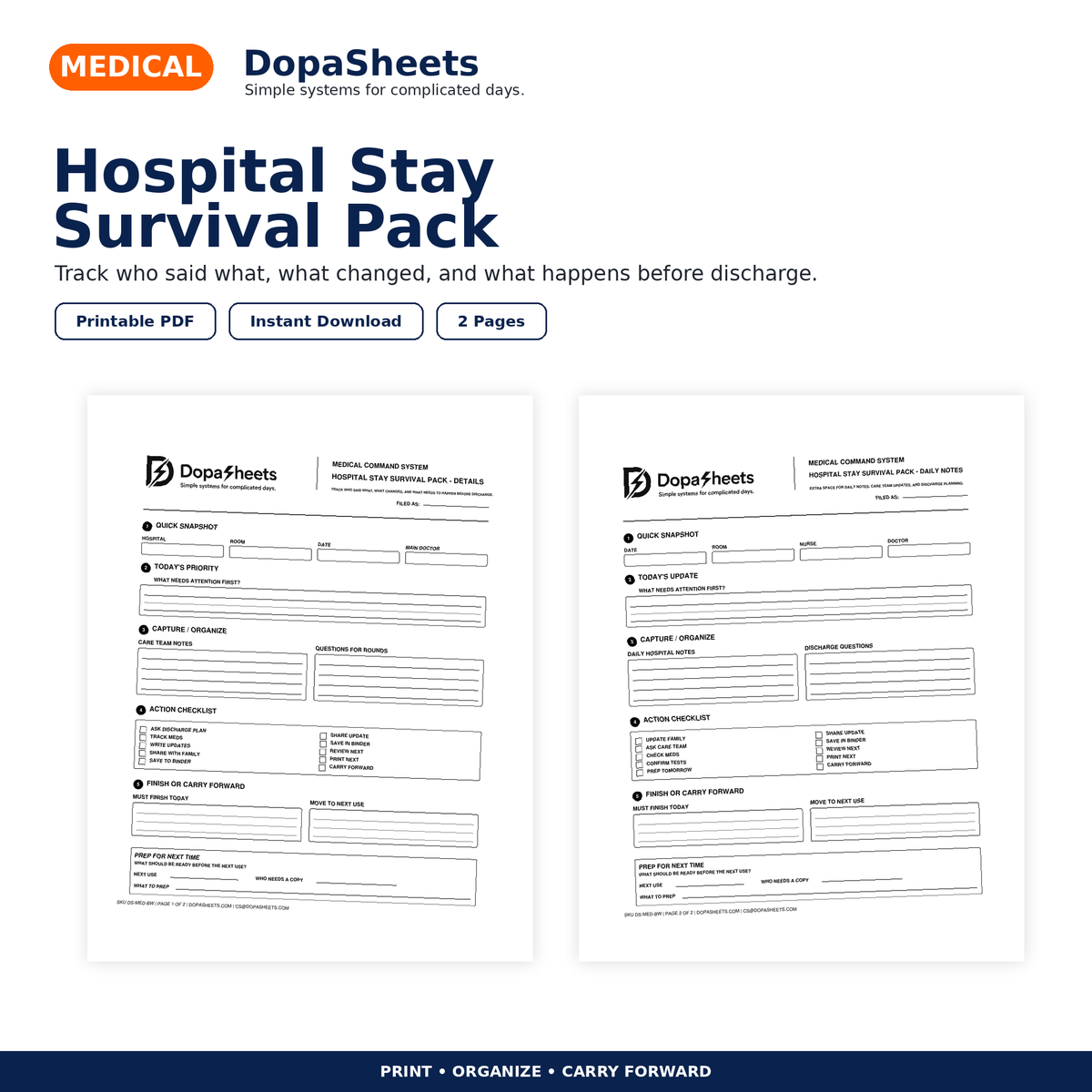 DopaSheets Hospital Stay Survival Pack printable patient notes and discharge organizer