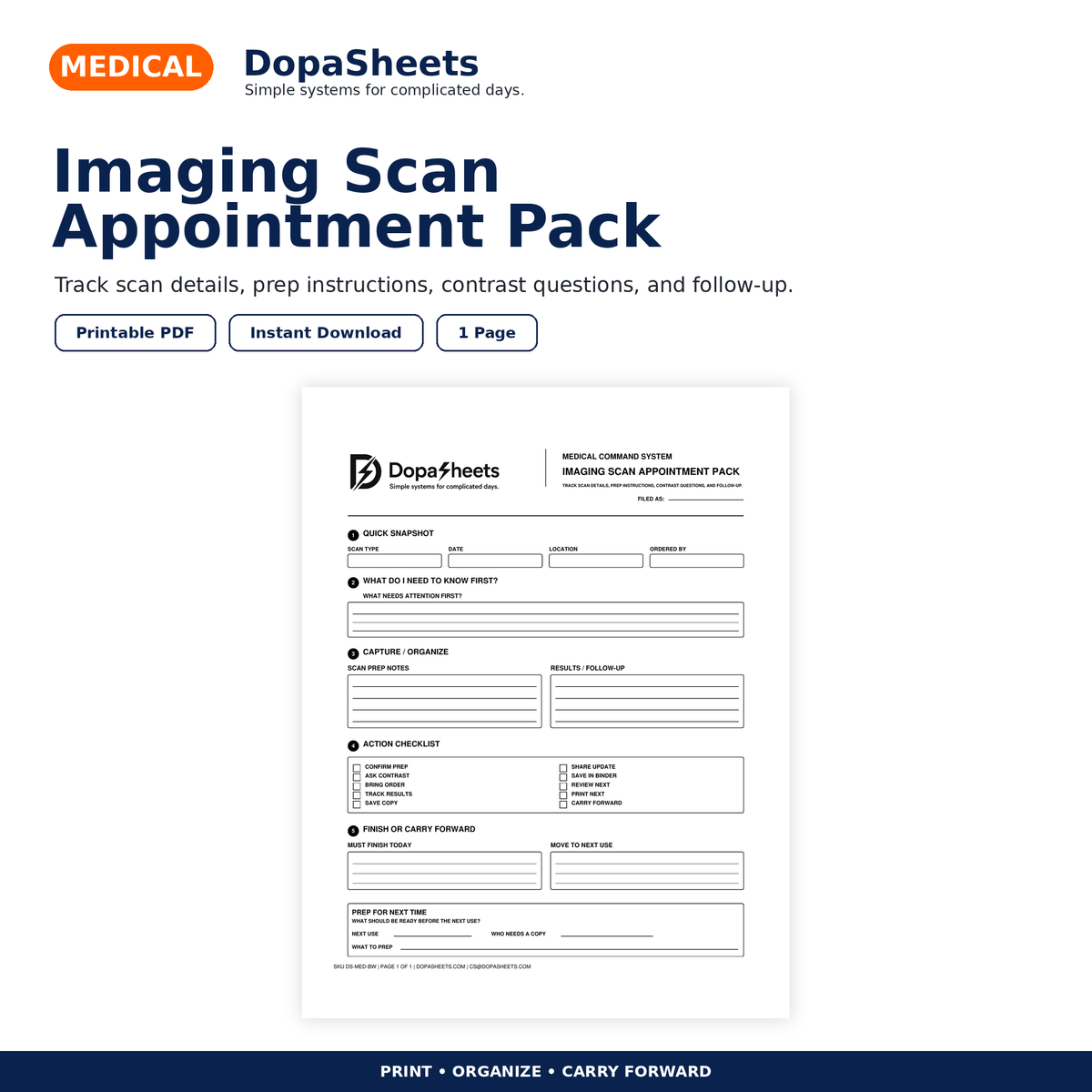 DopaSheets Imaging Scan Appointment Pack printable scan prep and follow-up notes