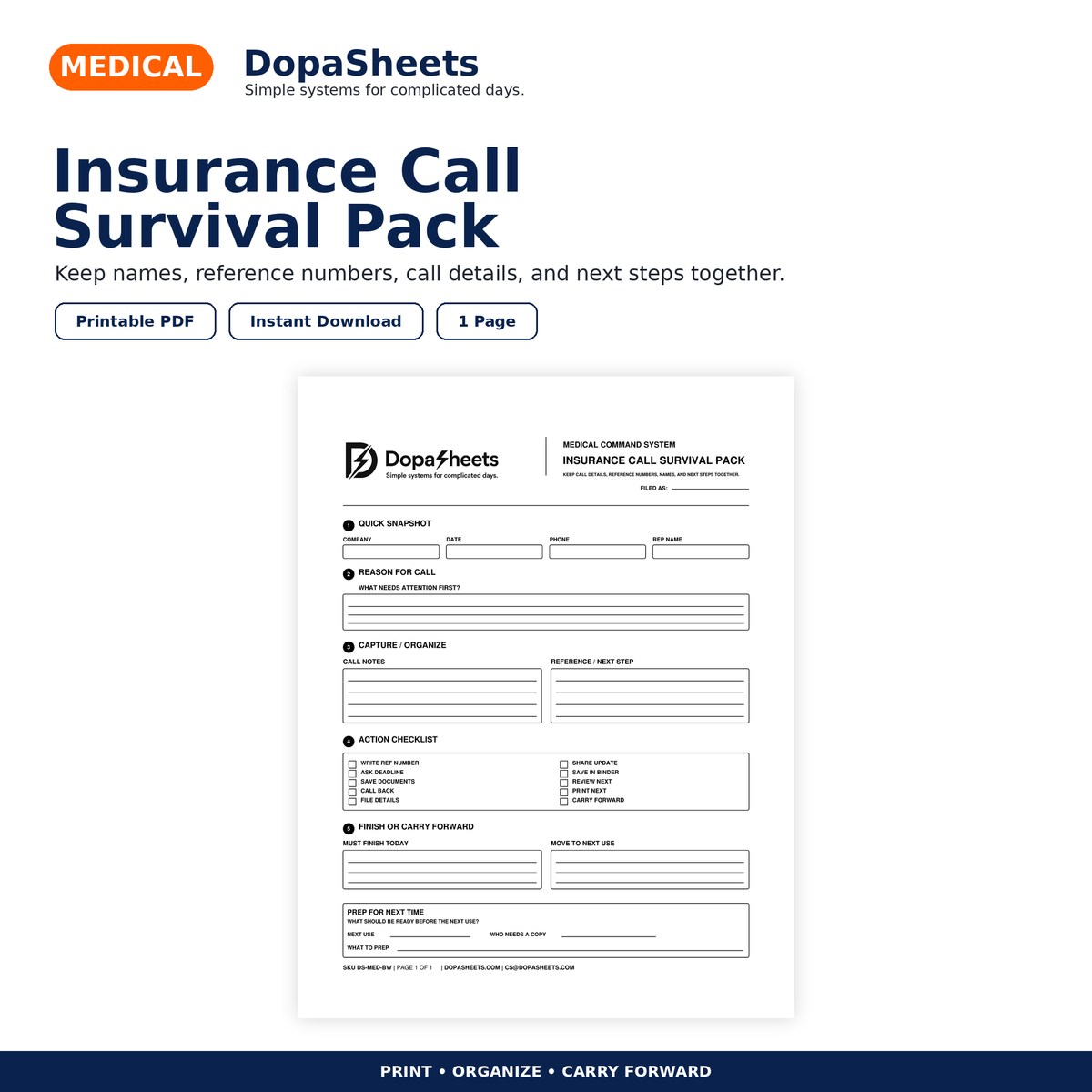 DopaSheets Insurance Call Survival Pack printable health insurance call notes