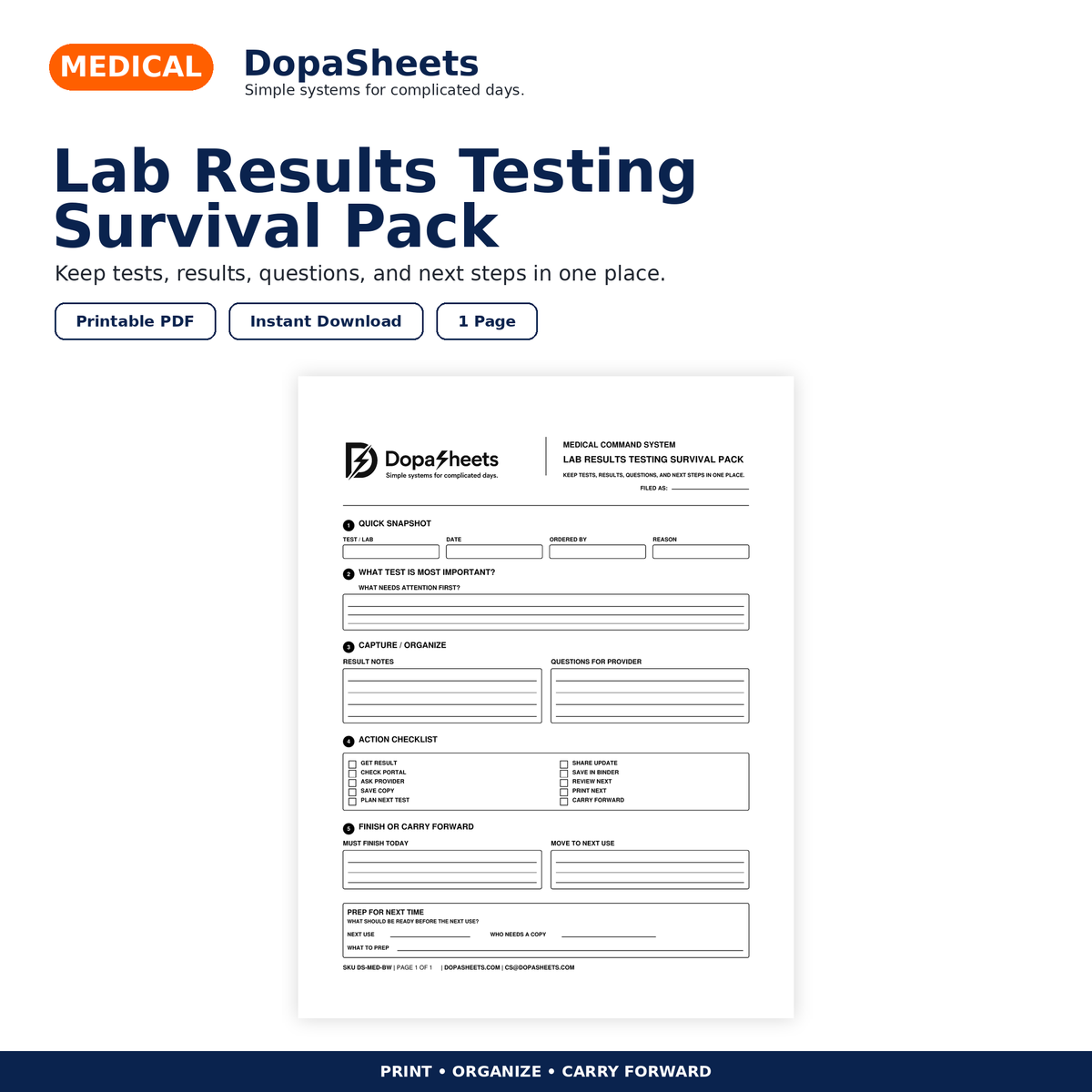 DopaSheets Lab Results Testing Survival Pack printable medical test tracker