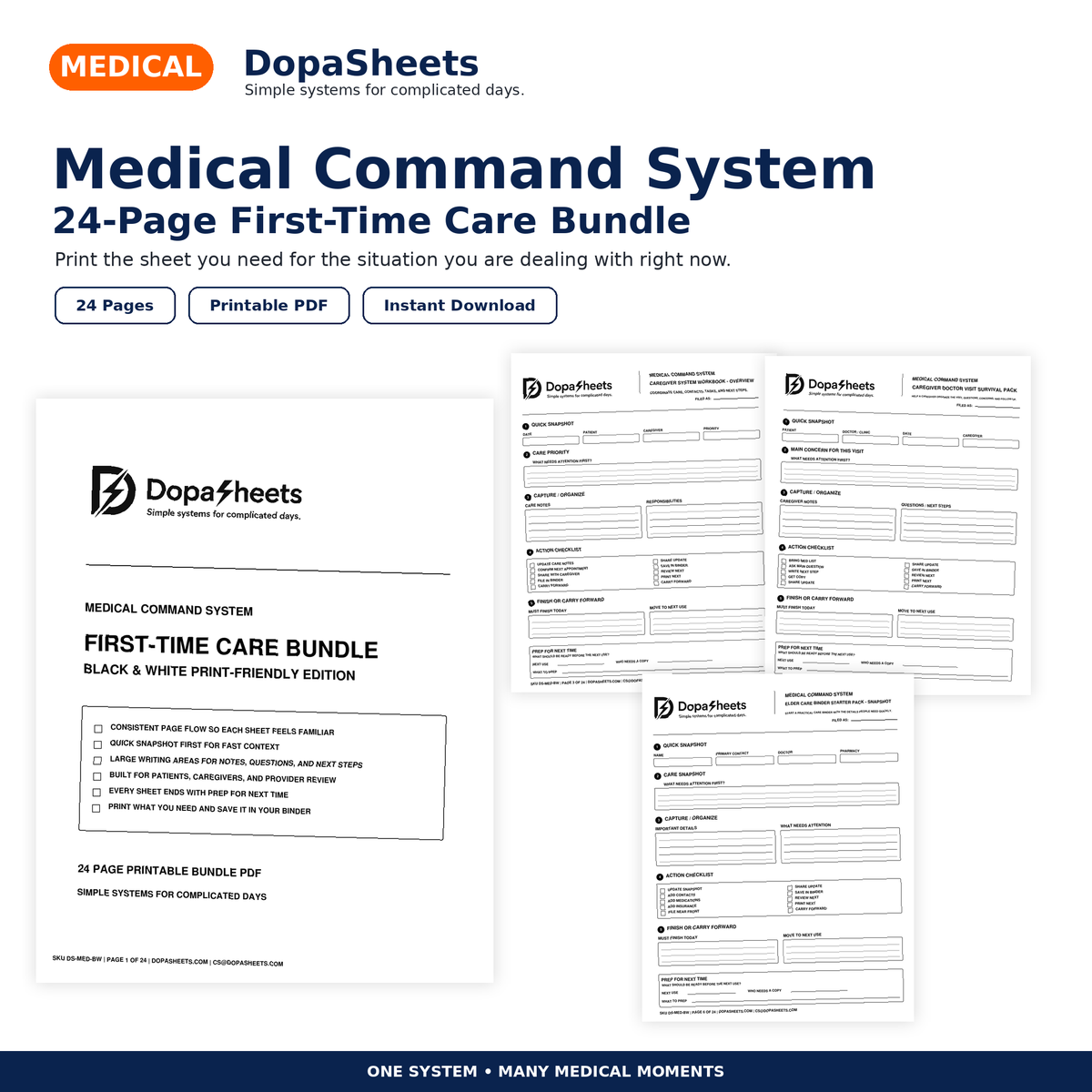 DopaSheets Medical Command System 24-page printable care bundle