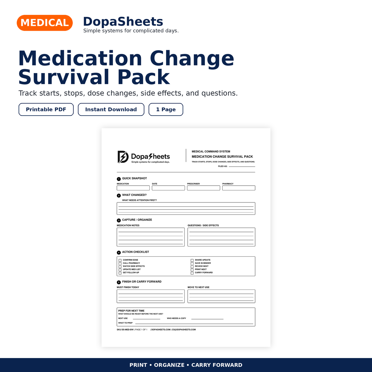 DopaSheets Medication Change Survival Pack printable medicine change tracker