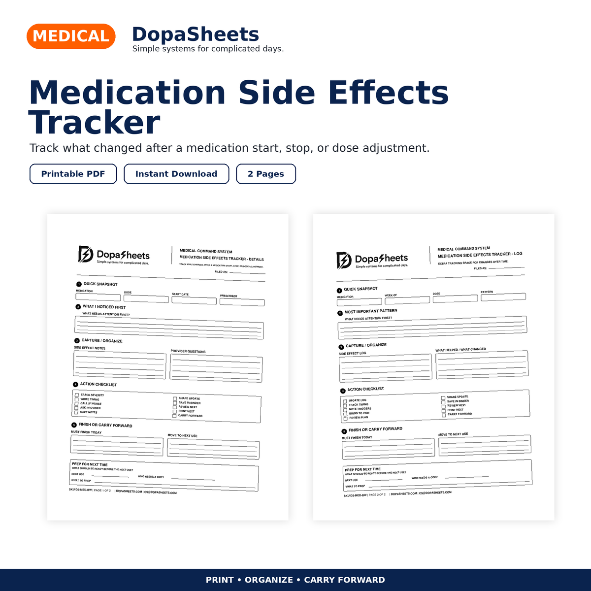DopaSheets Medication Side Effects Tracker printable medication symptom log
