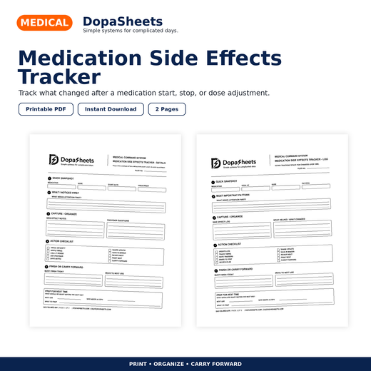 Medication Side Effects Tracker | Printable 2-Page Medication Log