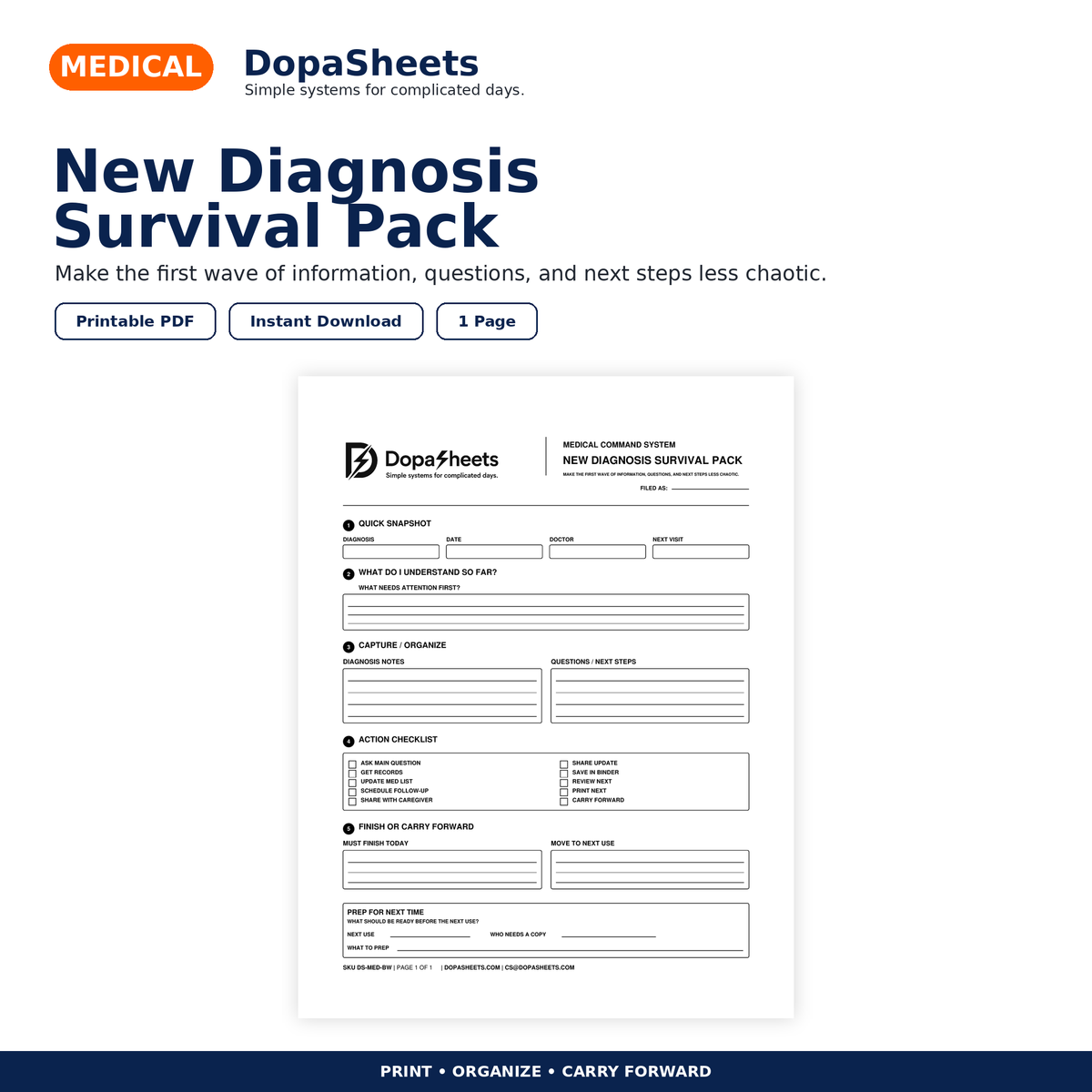 DopaSheets New Diagnosis Survival Pack printable medical information worksheet