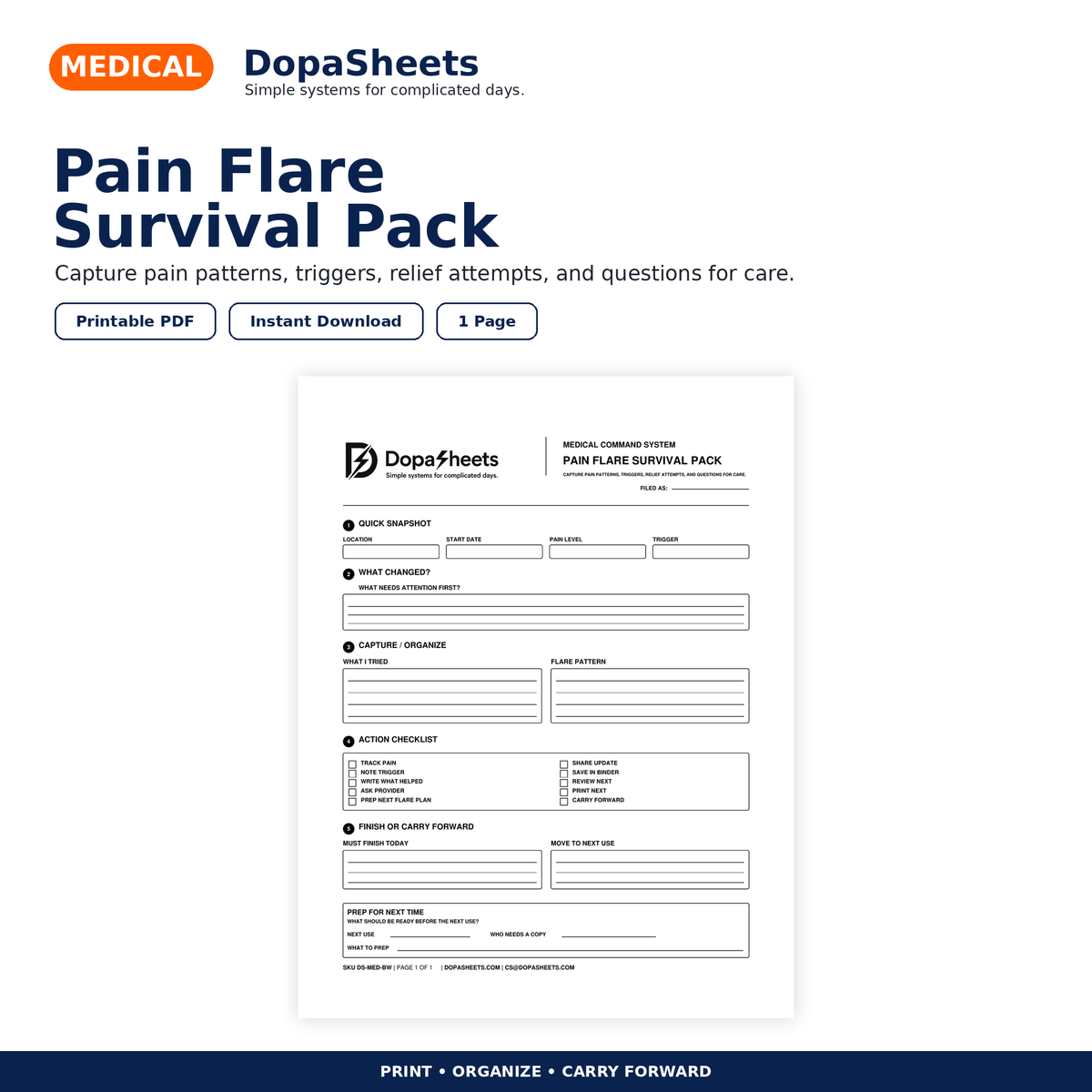 DopaSheets Pain Flare Survival Pack printable symptom trigger and relief log