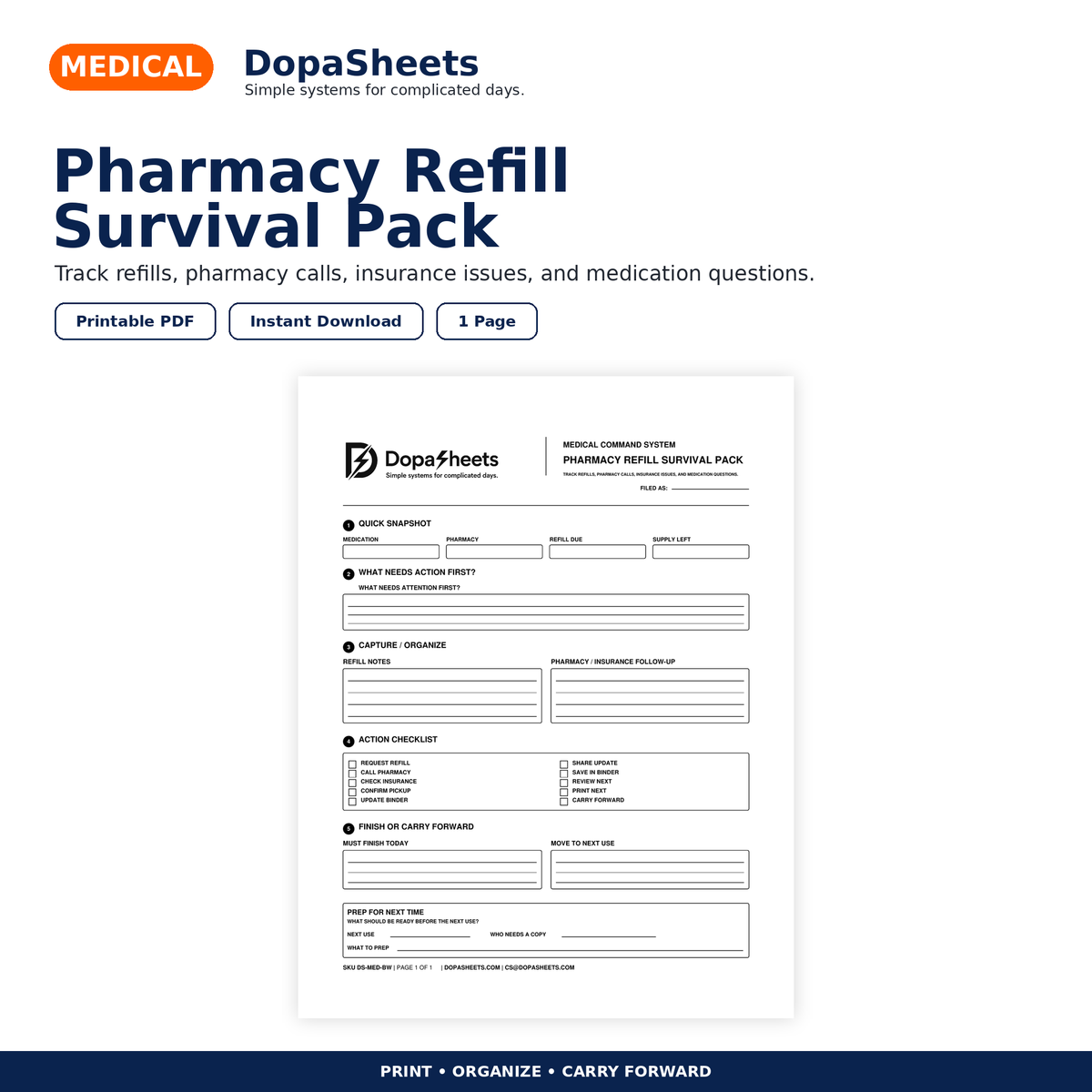 DopaSheets Pharmacy Refill Survival Pack printable prescription and refill tracker